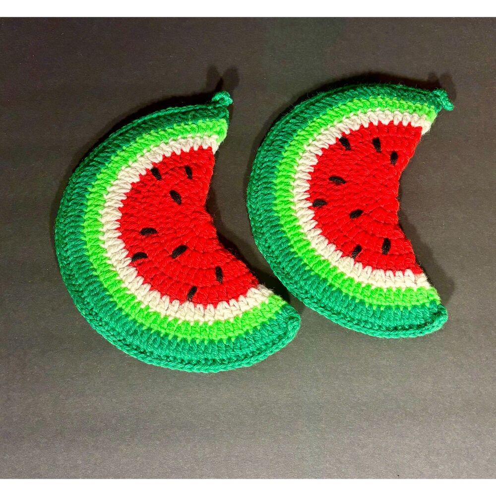 Handmade Crochet Watermelon Slice Coasters Set of 2 Retro Kitchen Decor 6"